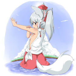 Rule 34 | 1girl, alternate hairstyle, animal ears, breasts, female focus, from behind, hat, holding own arm, inubashiri momiji, looking back, no bra, noa (nagareboshi), outstretched arm, ponytail, red eyes, side slit, sideboob, silver hair, small breasts, solo, tail, tokin hat, touhou, wading, water, wolf ears, wolf tail