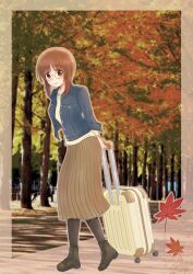 Rule 34 | 1girl, absurdres, ankle boots, arms behind back, autumn, autumn leaves, bespectacled, black footwear, black pantyhose, blue jacket, blurry, blurry background, boots, brown eyes, brown hair, brown skirt, casual, commentary, day, forest, full body, girls und panzer, glasses, heel up, highres, jacket, jewelry, light smile, long sleeves, looking at viewer, maikaooba, medium skirt, nature, necklace, nishizumi miho, open clothes, open jacket, open mouth, orange-framed eyewear, outdoors, pantyhose, rolling suitcase, shirt, short hair, skirt, solo, standing, suitcase, yellow shirt