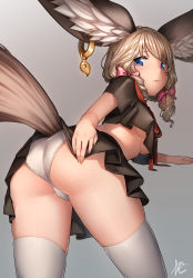 Rule 34 | 1girl, absurdres, all fours, animal ear fluff, animal ears, ass, black shirt, black skirt, blade &amp; soul, blue eyes, bow, breasts, brown hair, commission, covered erect nipples, crop top, curly hair, earrings, fox ears, fox girl, fox tail, from behind, grey background, hair bow, hand on own ass, highres, huge filesize, inconvenient tail, jewelry, long hair, looking back, low twintails, lyn (blade &amp; soul), midriff, miniskirt, no bra, panties, ribbon, school uniform, serafuku, shirt, short sleeves, simple background, single earring, skirt, skirt tug, solo, star-shaped pupils, star (symbol), star in eye, symbol-shaped pupils, symbol in eye, tail, thighhighs, thighs, tjauddla, twintails, underboob, underwear, white panties, white thighhighs