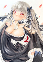 Rule 34 | 1girl, absurdres, azur lane, bare shoulders, between breasts, black dress, black nails, black ribbon, breasts, cleavage, clothes lift, clothing cutout, dress, dress lift, feather dress, flight deck, formidable (azur lane), frilled dress, frills, grey hair, hair ribbon, highres, large breasts, long hair, looking at viewer, marker (medium), nail polish, necktie, necktie between breasts, petals, red eyes, ribbon, shin kun30, shoulder cutout, simple background, skirt hold, solo, thighhighs, traditional media, twintails, two-tone dress, two-tone ribbon, very long hair, white background, white ribbon, white thighhighs