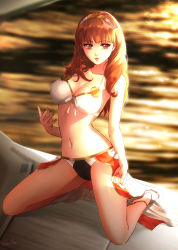 Rule 34 | 1girl, bikini, black bikini, blunt bangs, breasts, brown hair, celica (fire emblem), cleavage, collarbone, covered erect nipples, esther shen, fire emblem, fire emblem echoes: shadows of valentia, front-tie bikini top, front-tie top, hairband, kneeling, large breasts, long hair, looking at viewer, mismatched bikini, nail polish, navel, nintendo, parted lips, red eyes, red nails, solo, sunlight, swimsuit, white bikini, white hairband