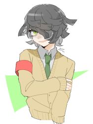Rule 34 | 1boy, alternate costume, armband, cardigan, collared shirt, commentary request, cropped torso, glasses, green eyes, green necktie, hair over one eye, hand on own arm, long sleeves, looking at viewer, male focus, master detective archives: rain code, mz (7zmz00), necktie, open mouth, red armband, seth burroughs, shirt, short hair, signature, smile, solo, white shirt, yellow cardigan