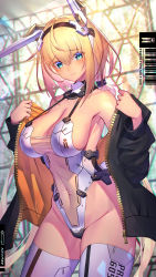 Rule 34 | 1girl, armpits, barcode, bare shoulders, black jacket, blonde hair, blue eyes, breasts, cleavage, collarbone, covered navel, cowboy shot, groin, hair ornament, hairband, halterneck, highleg, highleg leotard, highres, jacket, large breasts, leotard, long hair, long sleeves, looking at viewer, low ponytail, mechanical ears, off shoulder, open clothes, open jacket, original, see-through, sidelocks, smile, solo, sophia f shirring, standing, strap gap, takamine nadare, taut clothes, thighhighs, thighs, very long hair, white leotard, white thighhighs, zipper