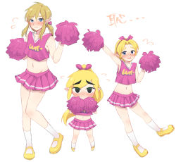 Rule 34 | 3boys, age difference, alternate costume, arm up, artist request, black eyes, blonde hair, blue eyes, blush, bow, cheerleader, cheerleader link, closed mouth, collarbone, crop top, crossdressing, earrings, embarrassed, eyebrows, flying sweatdrops, full body, hair bow, highres, holding, holding pom poms, jewelry, link, looking at viewer, male focus, midriff, multiple boys, multiple persona, navel, nintendo, open mouth, outline, pink bow, pink skirt, pleated skirt, pointy ears, pom pom (cheerleading), pom poms, ponytail, sidelocks, simple background, size difference, skirt, sleeveless, socks, sweat, the legend of zelda, the legend of zelda: breath of the wild, the legend of zelda: ocarina of time, the legend of zelda: tri force heroes, toon link, trap, v-neck, white background, young link