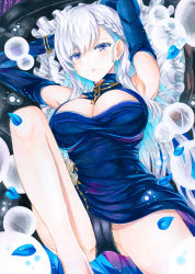 Rule 34 | 1girl, arms behind head, azur lane, bad id, bad pixiv id, belfast (azur lane), belfast (the noble attendant) (azur lane), black panties, blue dress, blue gloves, braid, breasts, chain, cleavage, dress, elbow gloves, french braid, gloves, gold chain, highres, large breasts, light purple hair, long hair, looking at viewer, lying, official alternate costume, on back, panties, petals, purple eyes, solo, traditional media, underwear, very long hair, whipberry
