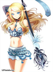 Rule 34 | 1girl, armlet, bare shoulders, blonde hair, blue eyes, breasts, closed mouth, collar, collarbone, elbow gloves, expressionless, female focus, gloves, hinariaoba, holding, holding weapon, long hair, looking at viewer, midriff, navel, original, pointy ears, shorts, simple background, solo, weapon, white background, white gloves