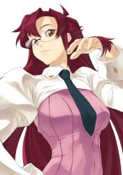 Rule 34 | 00s, 1girl, aged up, ahoge, alternate hairstyle, breasts, brown eyes, closed mouth, from below, glasses, green necktie, hair down, hand in own hair, large breasts, long hair, long sleeves, looking at viewer, looking down, necktie, red hair, rimless eyewear, shimotsuki eight, simple background, solo, sweater, teacher, tengen toppa gurren lagann, very long hair, white background, yellow eyes, yoko littner, yomako