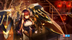 Rule 34 | arm support, azuma (azur lane), azuma (soft voice of spring) (azur lane), azur lane, bare shoulders, black hair, breasts, chinese clothes, crossed legs, deck, flower, gloves, hair flower, hair ornament, highres, janyhero, large breasts, long hair, petals, sitting, smile, tattoo, thighhighs, turret, yellow eyes