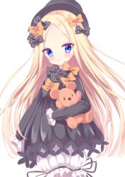 Rule 34 | 1girl, :o, abigail williams (fate), absurdres, black bow, black dress, black hat, blonde hair, bloomers, blue eyes, blush, bow, bug, butterfly, commentary request, dress, fate/grand order, fate (series), hair bow, hakuto momiji, hands in opposite sleeves, hat, head tilt, highres, hugging object, insect, long hair, long sleeves, looking at viewer, orange bow, parted bangs, parted lips, polka dot, polka dot bow, simple background, solo, star (symbol), star in eye, stuffed animal, stuffed toy, symbol in eye, teddy bear, underwear, very long hair, white background, white bloomers