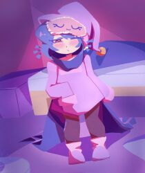 Rule 34 | 1other, bed, blue hair, blue scarf, blush, boots, brown tunic, highres, niko (oneshot), one eye closed, oneshot (game), pbj6541, scarf, sleep mask, tunic, whiskers