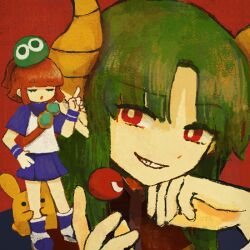 Rule 34 | 1boy, 1girl, :o, arle nadja, blob, blue skirt, blunt bangs, bright pupils, brown hair, carbuncle (puyopuyo), closed eyes, commentary, creature, demon horns, green hair, hand on own chin, hand on own hip, hiding, hiding behind another, horns, long hair, looking at another, madou monogatari, medium hair, mini person, minigirl, nananameless, on shoulder, parted bangs, pleated skirt, pointy ears, portrait, puyo (puyopuyo), puyopuyo, red background, satan (puyopuyo), short sleeves, skirt, smirk, symbol-only commentary, white pupils