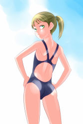 Rule 34 | 1girl, ass, blonde hair, bodypaint, censored, competition swimsuit, from behind, green eyes, kadan (ad1999), looking at viewer, naked paint, nude, one-piece swimsuit, original, painted clothes, ponytail, pussy, short hair, solo, swimsuit, uncensored