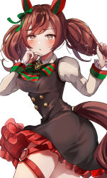 Rule 34 | 1girl, animal ears, black dress, blush, bow, breasts, brown eyes, brown hair, buttons, commentary request, cowboy shot, double-breasted, dress, ear bow, ear covers, green bow, hair between eyes, hair ornament, hanamura pink, highres, horse ears, horse girl, horse tail, juliet sleeves, long sleeves, looking at viewer, medium breasts, medium hair, multicolored hair, nice nature (umamusume), o-ring, o-ring thigh strap, open mouth, parted lips, petticoat, pinafore dress, puffy sleeves, red bow, ribbon, simple background, sleeveless, sleeveless dress, solo, streaked hair, striped, striped bow, tail, thigh strap, twintails, umamusume, white background