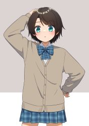 Rule 34 | 1girl, :o, absurdres, aogami high school uniform, arm up, blue bow, blue bowtie, blue eyes, blue skirt, blush, bow, bowtie, brown cardigan, brown hair, cardigan, collared shirt, furuneo10, hand on own head, highres, hololive, hololive error, miniskirt, official alternate costume, oozora subaru, parted lips, plaid, plaid bow, plaid bowtie, plaid skirt, pleated skirt, school uniform, shirt, short hair, skirt, solo, swept bangs, uniform, virtual youtuber, white shirt