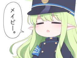 Rule 34 | 1girl, :o, absurdres, armband, black hat, blue archive, blue armband, blush, buttons, chibi, chibi only, closed eyes, collared jacket, commentary, double-breasted, facing viewer, green hair, hat, highres, hikari (blue archive), jacket, long hair, master m 489, open mouth, pointy ears, shako cap, sidelocks, simple background, solo, translated, upper body, wavy hair, white background