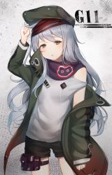 Rule 34 | 1girl, black shorts, blush, brown eyes, character name, coat, cowboy shot, flat cap, g11 (girls&#039; frontline), girls&#039; frontline, grey hair, hat, highres, holster, legs apart, long hair, looking at viewer, messy hair, moffle (2019), open clothes, open coat, parted lips, purple scarf, scarf, short shorts, shorts, sleeves past wrists, solo, thigh holster, thigh strap, very long hair