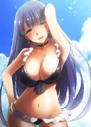 Rule 34 | 1girl, bikini, blue eyes, blush, breasts, choker, cleavage, cloud, cloudy sky, cross, cross necklace, day, fate/grand order, fate (series), half-closed eyes, huge breasts, jewelry, kurikara, long hair, looking at viewer, martha (fate), martha (swimsuit ruler) (fate), navel, necklace, purple hair, sky, smile, solo, swimsuit
