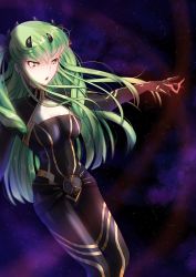 Rule 34 | 1girl, absurdres, black bodysuit, bodysuit, breasts, budgiepon, c.c., cleavage, code geass, cosplay, covered navel, fate/grand order, fate (series), floating hair, green hair, highres, ishtar (fate), ishtar (fate) (cosplay), long hair, medium breasts, open mouth, sky, solo, space ishtar (fate), space ishtar (fate) (cosplay), star (sky), starry sky, very long hair, yellow eyes