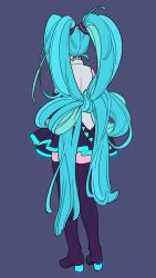 Rule 34 | 1girl, absurdly long hair, absurdres, alternate hairstyle, black skirt, black thighhighs, blouse, blue background, blue hair, bow-shaped hair, commentary, facing away, full body, glowing, hatsune miku, highres, kisumi rei, long hair, nape, pleated skirt, ribbon hair, shirt, simple background, skirt, solo, standing, straight hair, thighhighs, twintails, very long hair, vocaloid, white shirt, zettai ryouiki
