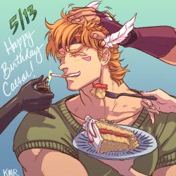 Rule 34 | 1boy, adam&#039;s apple, artist name, battle tendency, birthday, black gloves, blonde hair, brown gloves, caesar anthonio zeppeli, cake, cake slice, character name, cigarette, commentary, cursive, dated, closed eyes, facial mark, feather hair ornament, feathers, feeding, fingerless gloves, fingernails, fire, fire, food, gloves, green shirt, hair ornament, hand in another&#039;s hair, happy birthday, headband, headpat, highres, holding, holding food, holding lighter, jojo no kimyou na bouken, joseph joestar, joseph joestar (young), kuromegarin, lighter, lighting cigarette, lisa lisa, male focus, motion lines, out of frame, pinky out, plate, ruffling hair, shirt, short hair, short sleeves, smile, solo focus, suzi q, symbol-only commentary, triangle print