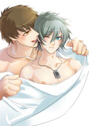 Rule 34 | 2boys, akira (togainu no chi), bed sheet, blue eyes, blush, brown eyes, brown hair, commentary request, ear blush, grey hair, hair between eyes, highres, holding, holding sheet, imminent bite, keisuke (togainu no chi), kironabei-sub, looking at another, male focus, multiple boys, nipples, one eye closed, short hair, standing, togainu no chi, topless male, upper body, white background, yaoi