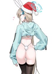 Rule 34 | 1girl, absurdres, animal ears, ass, asuna (blue archive), black thighhighs, blue archive, blue eyes, cropped hoodie, from behind, hair over one eye, halo, hat, heart, highres, hood, hoodie, light brown hair, long hair, looking at viewer, mark jin, one-piece swimsuit, rabbit ears, rabbit tail, santa hat, simple background, sleeves past wrists, smile, solo, swimsuit, tail, thighhighs, very long hair, white background
