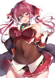 Rule 34 | 1girl, absurdres, blush, breasts, brown leotard, chest jewel, choker, covered navel, eyepatch, fang, frilled choker, frills, gloves, heart, highres, hololive, houshou marine, jacket, large breasts, leotard, leotard under clothes, long hair, microskirt, nenobi (nenorium), pirate, red eyes, red hair, see-through, see-through leotard, skin fang, skirt, solo, thighs, twintails, v, virtual youtuber, white gloves