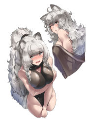 Rule 34 | 1girl, absurdres, ahoge, alternate costume, animal ears, arknights, black one-piece swimsuit, blush, braid, breast hold, breasts, cleavage, cleavage cutout, clothing cutout, competition swimsuit, cowboy shot, grey eyes, half-closed eyes, highres, large breasts, leopard ears, leopard tail, long hair, looking at viewer, looking to the side, multiple views, off shoulder, one-piece swimsuit, one eye closed, open mouth, ponytail, pramanix (arknights), shizuoxing kof, side braids, silver hair, simple background, swimsuit, tail, twin braids, wavy hair, white background