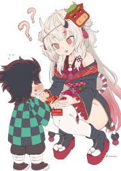 Rule 34 | 1boy, 1girl, ?, ??, black hair, blush, commentary request, crossover, earrings, empty eyes, english text, envelope, fang, hair between eyes, height difference, highres, hololive, horns, japanese clothes, jewelry, kamado tanjirou, kimetsu no yaiba, long hair, nakiri ayame, nakiri ayame (1st costume), open mouth, red eyes, setsubun, silver hair, skin-covered horns, thighhighs, twitter username, vinhnyu, virtual youtuber, white background, white thighhighs