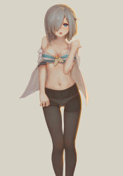 Rule 34 | 10s, 1girl, backlighting, black pantyhose, blouse, blue eyes, breasts, cleavage, collarbone, cowboy shot, front-tie top, grey background, gujianshaonu, hair ornament, hair over one eye, hairclip, hamakaze (kancolle), kantai collection, knees together feet apart, large breasts, legs together, looking at viewer, no pants, off shoulder, open clothes, open mouth, open shirt, panties, panties under pantyhose, pantyhose, school uniform, serafuku, shirt, short hair, short sleeves, silver hair, simple background, solo, standing, strap slip, thigh gap, underwear, undressing