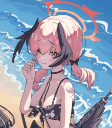 Rule 34 | 1girl, absurdres, beach, bikini, black bag, black bikini, black bow, black choker, black wings, blue archive, blush, bow, breasts, chinese commentary, choker, closed mouth, collarbone, commentary request, feathered wings, from side, front-tie bikini top, front-tie top, gun, hair bow, halo, hand up, head wings, highres, koharu (blue archive), koharu (swimsuit) (blue archive), kulomi, long hair, low twintails, low wings, ocean, official alternate costume, pink eyes, pink hair, red halo, small breasts, solo, swimsuit, tattoo, twintails, upper body, weapon, wings