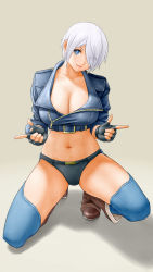 Rule 34 | 1girl, angel (kof), blue eyes, boots, breasts, chaps, cleavage, closed mouth, collarbone, commentary request, cowboy boots, cropped jacket, fingerless gloves, full body, gloves, grey background, hair over one eye, head tilt, highres, jacket, knee boots, kneeling, large breasts, leather, leather jacket, lips, looking at viewer, navel, shadow, short hair, simple background, sleeves rolled up, smile, solo, stomach, the king of fighters, white hair, x chitch