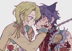 Rule 34 | 2boys, animal ears, bad id, bad pixiv id, bite mark, biting, blood, blood on clothes, blood on face, blood on hands, blood splatter, blue collar, blue hair, brown jacket, chain, chain leash, closed mouth, collar, earrings, ensemble stars!, fang, green hair, hair between eyes, hand on another&#039;s face, jacket, jewelry, kemonomimi mode, leash, long sleeves, looking at another, male focus, meremero, multiple boys, purple eyes, sazanami jun, short hair, slit pupils, smile, tomoe hiyori, upper body, yellow eyes