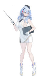 Rule 34 | 1girl, absurdres, ako (blue archive), alternate costume, blue archive, blue hair, boots, breasts, dress, echj, full body, gloves, hairband, highres, holding, holding pointer, holding tablet pc, large breasts, medium hair, necktie, pigeon-toed, pointer, short necktie, sideboob, sleeveless, sleeveless dress, solo, standing, tablet pc, white background, white dress, white gloves