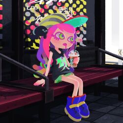 Rule 34 | 1girl, arm support, bare legs, baseball cap, bench, black shirt, blue footwear, character signature, clownfish, coffee cup, colored eyelashes, cup, disposable cup, drinking straw, drooling, fish, gradient hair, graffiti, green eyes, green skirt, hair ornament, hair scrunchie, harmony&#039;s clownfish (splatoon), harmony (splatoon), hat, holding, holding cup, kurehappa, long hair, looking to the side, miniskirt, mouth drool, multicolored hair, nintendo, no eyebrows, open mouth, pink hair, poster (object), road sign, scrunchie, sea anemone, shirt, shoes, sideways hat, sign, sitting, skirt, splatoon (series), splatoon 3, starbucks, striped clothes, striped headwear, tile floor, tiles, traffic, tropical fish
