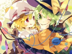Rule 34 | 2girls, :p, :t, black headwear, blonde hair, bow, commentary request, crystal, fingernails, flandre scarlet, green eyes, green hair, hand on another&#039;s chin, hand up, hat, hat bow, heart, heart in eye, heart of string, highres, komeiji koishi, long fingernails, long sleeves, looking at another, mob cap, multiple girls, nail polish, nikorashi-ka, one eye closed, polka dot, polka dot background, red eyes, red nails, shirt, short hair, side ponytail, symbol in eye, third eye, tongue, tongue out, touhou, upper body, white headwear, white shirt, wide sleeves, wings, wrist cuffs, yellow bow, yellow shirt