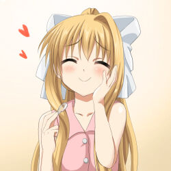 Rule 34 | 1girl, ^ ^, air (visual novel), blonde hair, blush, bow, closed eyes, closed mouth, commentary request, dogu illust, facing viewer, gradient background, hair bow, hand on own cheek, hand on own face, hands up, happy, heart, holding, holding spoon, kamio misuzu, long hair, pink shirt, shirt, sidelocks, simple background, single hair intake, sleeveless, sleeveless shirt, smile, solo, spoon, straight hair, upper body, very long hair, white background, white bow, yellow background