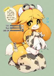 Rule 34 | 1girl, absurdres, animal crossing, animal print, barcode, bikini, blonde hair, blush stickers, breast slider, breasts, commentary, cow print, cow print bikini, elbow gloves, english commentary, english text, flying sweatdrops, full body, furry, furry female, gloves, green background, green eyes, highres, isabelle (animal crossing), large breasts, long hair, looking at viewer, multicolored hair, nintendo, orange hair, print bikini, print gloves, print thighhighs, simple background, sitting, slugbox, solo, speech bubble, swimsuit, thighhighs, two-tone hair, wariza, white bikini, white gloves, white thighhighs