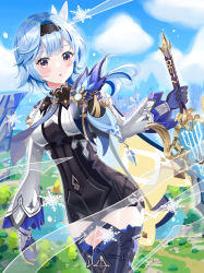 Rule 34 | 1girl, absurdres, black leotard, black thighhighs, blue hair, blue sky, blurry, cape, city, cloud, cloudy sky, commentary, day, depth of field, eula (genshin impact), genshin impact, hair between eyes, hair ornament, hairband, highres, holding, holding sword, holding weapon, leotard, long hair, long sleeves, looking at viewer, najwa ibrahimi, necktie, parted lips, purple eyes, sidelocks, sky, skyline, solo, sword, thighhighs, two-tone gloves, vision (genshin impact), weapon, zettai ryouiki