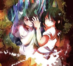 Rule 34 | 2girls, album cover, arrow (symbol), black hair, bow, cone horns, cover, different reflection, dress, dual persona, grey horns, horns, kijin seija, mirror, multicolored hair, multiple girls, omin (risabon), red eyes, red hair, reflection, short hair, smile, streaked hair, tongue, tongue out, touhou, white hair, yellow eyes