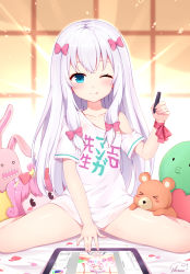 Rule 34 | 1girl, :p, arm up, blue eyes, bow, commentary request, eromanga sensei, hair bow, highres, izumi sagiri, long hair, no pants, nomier, off shoulder, one eye closed, panties, panty peek, recursion, revision, ribbon, shirt, short sleeves, silver hair, sitting, smile, solo, spread legs, stuffed animal, stuffed toy, stylus, t-shirt, tablet pc, teddy bear, thighs, tongue, tongue out, underwear, white panties, white shirt, wrist ribbon