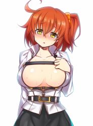 Rule 34 | 1girl, ahoge, belt, blush, breasts, cleavage, fate/grand order, fate (series), fujimaru ritsuka (female), hair ornament, large breasts, looking at viewer, no bra, open clothes, open mouth, red hair, short hair, side ponytail, skirt, solo, sweat, yellow eyes
