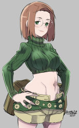 Rule 34 | 1girl, belt, belt pouch, breasts, brown hair, butcha-u, crop top, forehead, glasses, green eyes, green sweater, grey background, hands on own hips, highres, light smile, looking at viewer, medium breasts, midriff, mimoza lorange, multiple belts, navel, open fly, pouch, ribbed sweater, rimless eyewear, round eyewear, short hair, shorts, solo, summon night, summon night 2, sweater, turtleneck, turtleneck sweater