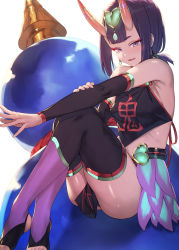 Rule 34 | 1girl, ass, bare shoulders, black thighhighs, blush, breasts, chinese clothes, commentary request, covered erect nipples, detached sleeves, dudou, earrings, eyeliner, eyeshadow, fang, fate/grand order, fate (series), feet out of frame, forehead jewel, gourd, headpiece, heart, highres, horns, ibuki notsu, jewelry, knees up, legs, looking at viewer, low twintails, makeup, oni, open mouth, purple eyes, purple hair, short eyebrows, short hair, shuten douji (fate), shuten douji (fate/grand order), shuten douji (halloween caster) (fate), sidelocks, simple background, sitting, skin-covered horns, slit pupils, small breasts, smile, solo, thighhighs, thighs, toeless legwear, translation request, twintails, white background