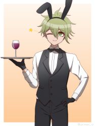 1boy ;) absurdres amami_rantaro animal_ears black_gloves black_pants black_vest brown_background butler cowboy_shot cup danganronpa_(series) danganronpa_v3:_killing_harmony drinking_glass ear_piercing fake_animal_ears gloves gradient_background green_eyes green_hair hand_up highres holding holding_tray long_sleeves male_focus one_eye_closed pants piercing rabbit_ears shirt short_hair smile solo suiren_yurei tray vest white_shirt wine_glass