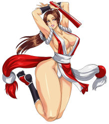 Rule 34 | 1girl, armpits, arms up, bare shoulders, breasts, brown eyes, brown hair, cleavage, folded fan, curvy, covered erect nipples, hand fan, fatal fury, folding fan, hip focus, iad, japanese clothes, jumping, large breasts, lips, long hair, panties, pantyshot, pelvic curtain, ponytail, revealing clothes, rope, shiranui mai, snk, solo, the king of fighters, thick thighs, thighs, underwear, white panties, wide hips