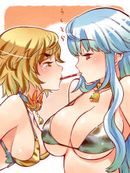 Rule 34 | 00s, 10s, 2009, 2010, 2girls, animal print, bikini, bikini top only, blonde hair, blue hair, breasts, cow print, female focus, food, kamishirasawa keine, large breasts, long hair, multicolored hair, multiple girls, new year, pocky, pocky kiss, red eyes, shared food, short hair, swimsuit, tiger print, toramaru shou, touhou, tsuutenkaaku, yellow eyes, yuri