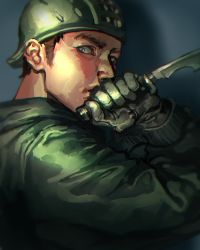 Rule 34 | 1boy, aikawa (dorohedoro), blue background, brown hair, combat knife, dorohedoro, fighting stance, from side, gloves, green headwear, grey gloves, hands up, helmet, highres, holding, holding knife, holding weapon, knife, long sleeves, looking at viewer, male focus, shadow, short hair, sideburns, solo, unc, upper body, weapon