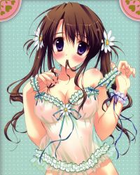 Rule 34 | 1girl, absurdres, blush, breasts, brown hair, cleavage, flower, frills, hair flower, hair in own mouth, hair ornament, highres, huge filesize, lingerie, long hair, mouth hold, nipples, no panties, ryouka (suzuya), see-through, solo, twintails, underwear