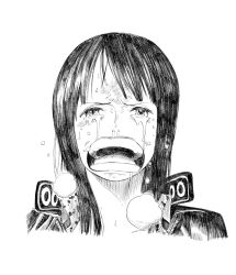 Rule 34 | 1girl, bad id, bad pixiv id, enies lobby, ginnoturu, greyscale, looking at viewer, monochrome, nico robin, one piece, open mouth, simple background, solo, tears, upper body, white background